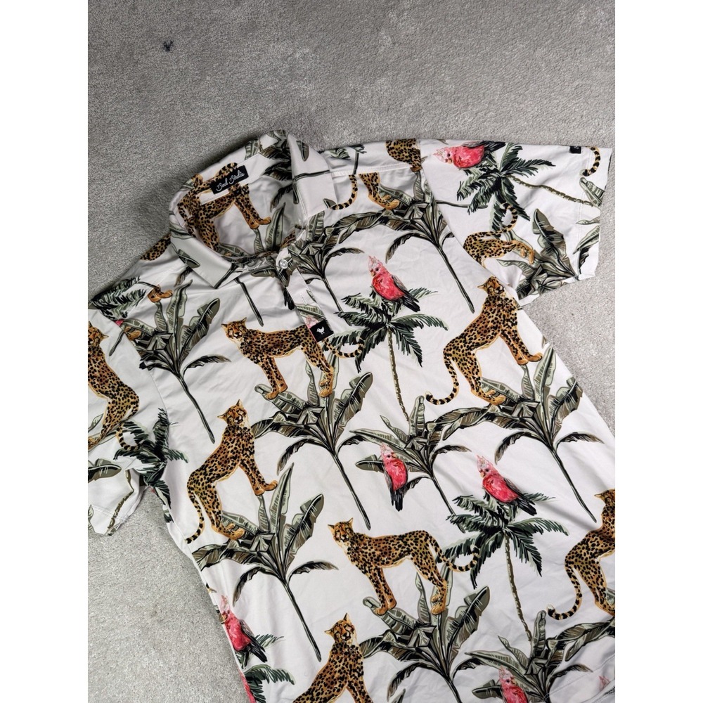 Bad Birdie Wildlife Polo Shirt Mens M Tropical Cheetah Short Sleeve Stretch